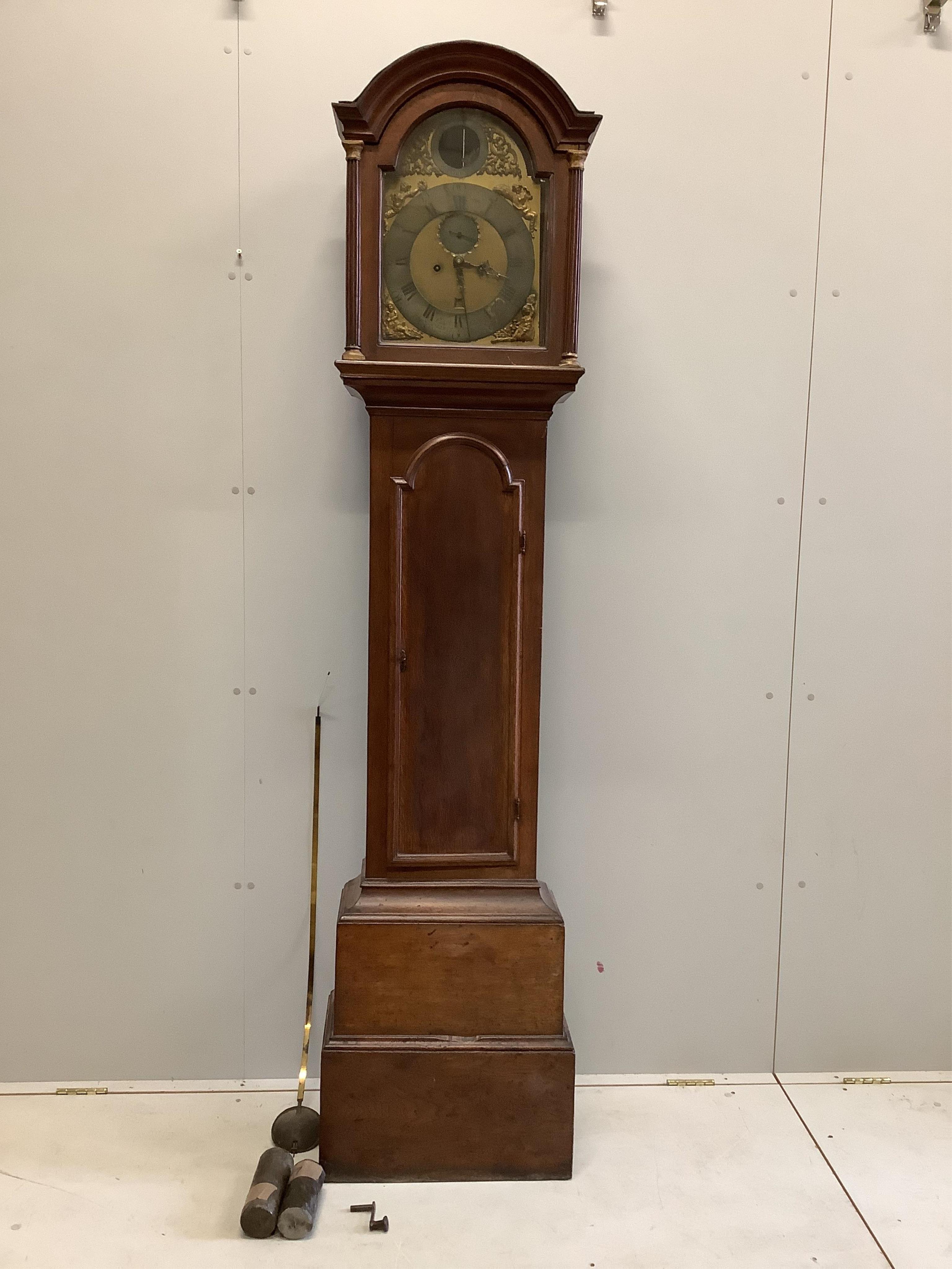 A George III oak eight day longcase clock, height 212cm. Condition - poor